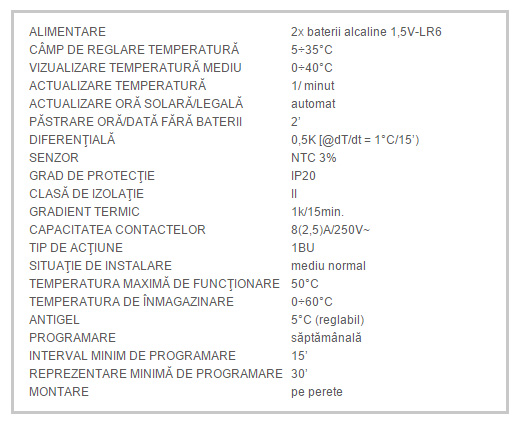 Specificatii Cronotermostat On/Off T-Control
